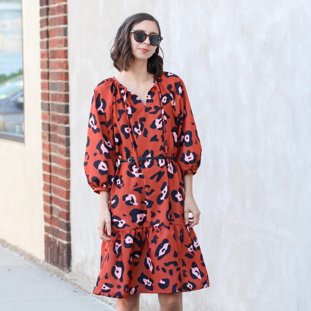 Handmade red leopard dress, oversized loose fit